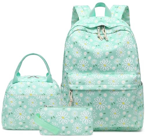 LOIDOU Rucksack für Teenager Mädchen Bookbags Kinderrucksack Kinder Schulrucksack mit Lunchpaket Federmäppchen Schulranzen Set für Schule (Grün-Blumen 162)