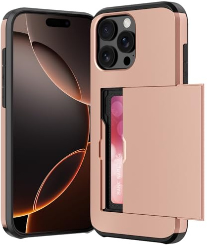 ACOCOBUY for iPhone 16 Pro Max Case with Card Holder Sliding Cover RoseGold | Hidden Pocket IDs Credit Cards Slot Heavy Duty Shockproof Protective Dual Layer Wallet Phone Cover Back Shell for Men Women