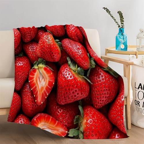 Kuscheldecke Fleece Überwurf Decke Ultra Weich Gemütlich Frucht-Erdbeere-Nahaufnahme Dekorative Flanelldecke Ganzjahresdecke für Zuhause Couch Bett Stuhl Reisen 200 x 220 cm, Rot