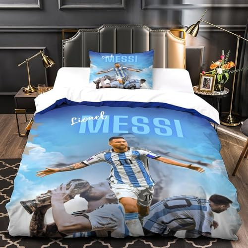 ZZBNECAKE Messi Messi Bettbezug Set Mädchen Junge Kinder 3D Gedruckter Fußball Bettwäschegarnitur Reissverschluss Bettwäsche Weich Microfaser Und Kissenbezüge 2 Teilig Single(135x200cm)