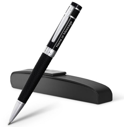 Gíabo Mokuzai │Personalisierter Kugelschreiber in schwarz│Griffbereich aus PU-Leder für einen angenehmen halt│Hochwertiger Kugelschreiber mit Gravur aus einer Mischung 202 Edelstahl/Kupfer