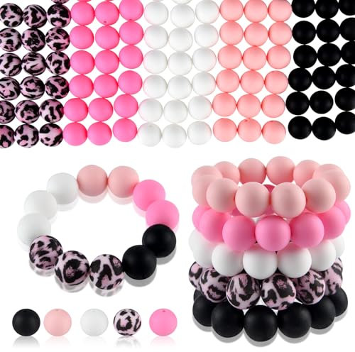 ASTARON 100 Stück 15 mm Silikonperlen zur Herstellung von Schlüsselanhängern, hellrosa, schwarz, weiß, runde Perlen für Armbänder, Stifte, Basteln, Schmuckherstellung