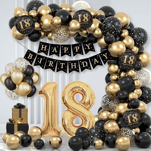 18. Geburtstag Deko für Jungen Mädchen, 69Pcs Schwarz und Gold Geburtstag Party Dekoration Set - 32Inch 18. Luftballon, Happy Birthday Banner, Schwarz Gold und Konfetti Luftballons