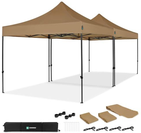 VONROC Tente Easy-Up - 6x3 m – Pliante - Protection UV 50+ - Imperméable – Ensemble INCL. 2 tentes de Fête et 1 Kit de Connexion - Design Modulaire - Cadre en Acier - Beige - Sac de Rangement Inclus