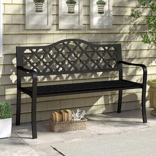 SFAREST 2-3 Seater Garden Bench, Outdoor Loveseat Patio Bench Seating with Armrest and Backrest, Slatted Park Chair Metal Frame Leisure Lounger Seat for Porch, Lawn Yard (128 x 56 x 89 cm)