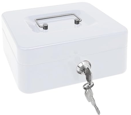 Best House | Metal Cash Money Box with Lock and Key | Cash Box with Slot | 6 Inch | WHITE | Pack of 1 | 6 Compartments, Lockable Portable with Removable Change Tray for Home, Office, and Events