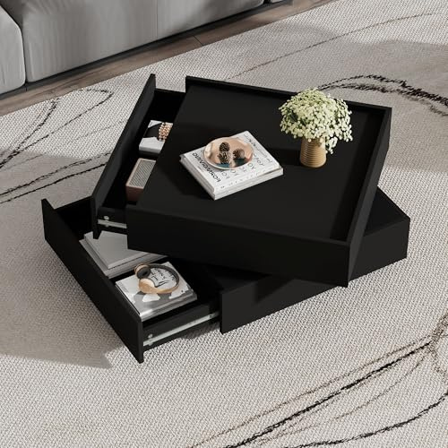 Lcoho Funktionscouchtisch Wohnzimmertisch, um360°drehbare,drehbareTischplattemit2EtagenundAufbewahrungsschrank, Beistelltisch mit Walnussrahmen für das Wohnzimmer,(60x60x38cm) (schwarz)