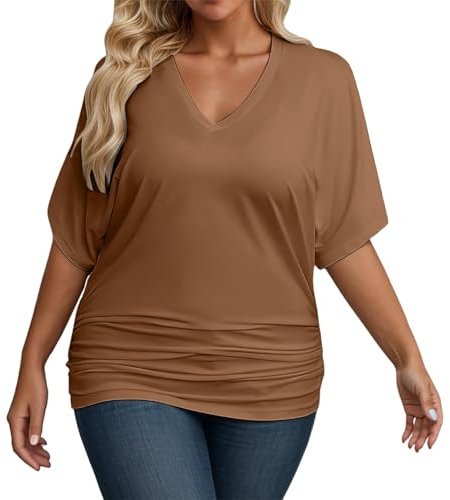 Camiseta de manga corta para mujer, con cuello en V, cuello de pico, holgada, básica, holgada, de manga corta, de algodón, corte holgado, informal, blusas, café, L