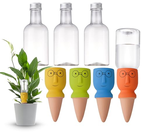4 Pack Terracotta Watering Spikes, Self-Watering Plant Stakes for Indoor & Outdoor Potted Plants with 12 oz Plastic Bottles for Ideal Auto Watering Devices for Plants During Vacation