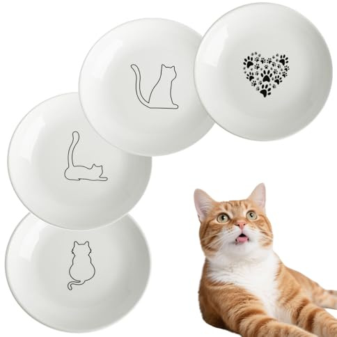 Cuencos Planos Cerámica Gatos, 4 Piezas Cuenco de Cerámica para Gatos, Cuenco Boca Ancha Planos, Motivos de Gato Comedero Plato, para Servir la Comida de los Gato