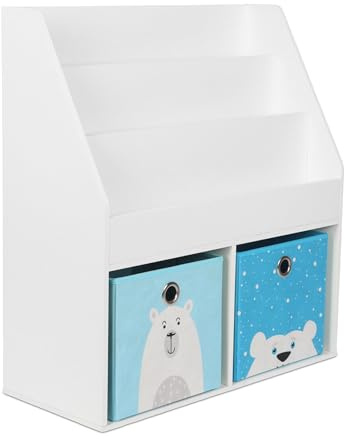 Relaxdays Children's Bookshelf, HWD: 79 x 72 x 30.5 cm, 3 open shelves for books, 2 storage boxes, kids' shelf, white
