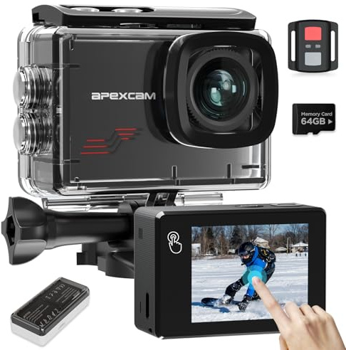 Apexcam Caméra Action 4K 60FPS 64MP - Caméra Étanche 40M avec Micro Externe, Camera Sport 4K Stabilisateur EIS, Écran Tactile & 64GB Carte SD - Kit d'Accessoires Inclus pour Plongée/Vlog