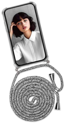 ONEFLOW Handykette für iPhone 17 Pro Hülle mit Band, Handyhülle mit Kette abnehmbar, Handyband zum Umhängen, Handy Umhängeband Lange Handykordel, Twist Case – Grau Weiß