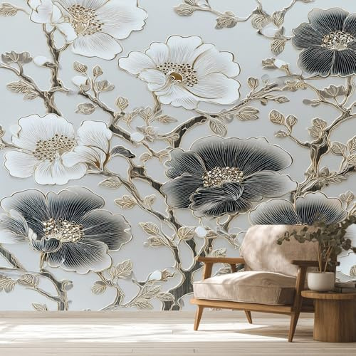 3D Floral Mural Wallpaper, Black and White Flower Wallpaper for Bedroom, Living Room, TV Backdrop, Office, 3D Large Wall Mural Non-Woven Wall Paper 350 x 256 cm (WxH) f54