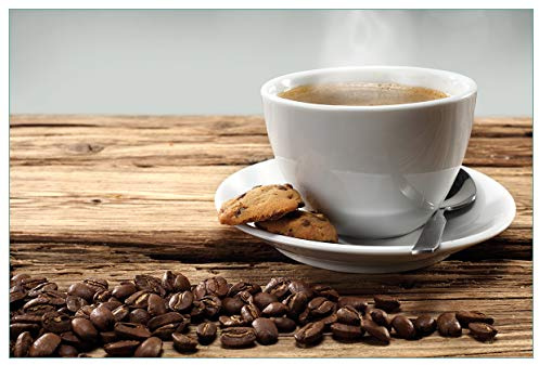 Wallario Küchenrückwand selbstklebend 90 x 60 cm, Motiv: Heiße Tasse Kaffee mit Kaffeebohnen | Spritzschutz abwischbar & pflegeleicht