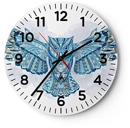 Modern Wanduhr Eule Flügel Tierwelt Grafik 30x30cm Rund Klein Wand Uhr Glas Analog Zimmeruhren Küche Büro Wohnzimmer Glasuhr Wall Clock Dekoration Design Wanddekoration Küchenuhr C4AR30x30-3087
