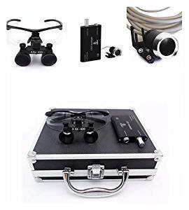 MKDental - Binocolo chirurgico 3,5 x 420 mm, vetro ottico con lampada a LED e scatola in alluminio (nero)