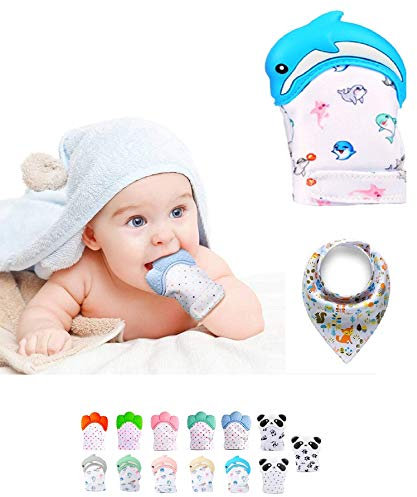 Funky Planet Beißhandschuh für Babys ab 0 Jahren - Beißhandschuh Baby Teething Toy - Raschelnder Zahnhandschuh für Zahnungshilfe aus Lebensmittelechtem Silikon + Bandana-Lätzchen mit Clip