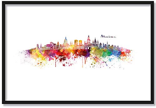 JUNIWORDS Poster mit/ohne Holzrahmen, Wähle ein Motiv, Aquarell Skyline Mainz, Wähle eine Größe, 30 x 40 cm (M) mit Rahmen in Schwarz