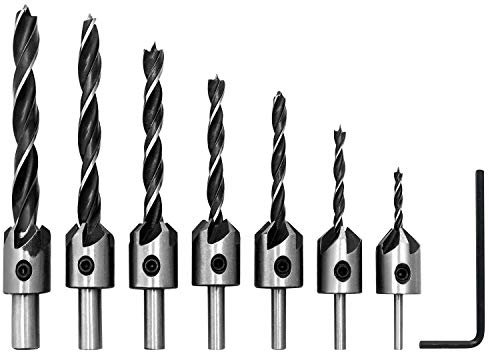 QWORK® 7tlg Bohrer mit Senker, Holzbearbeitungs Senkbohrer Set mit Sechskantschlüssel für Holzverarbeitung Kunststoff, 3/4 /5/6 / 7/8 / 10mm