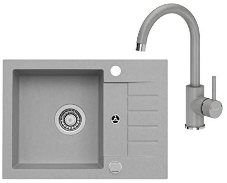 VBChome Spüle mit Armatur 58 x 42 cm Grau Spültischarmatur Granit Einzelbecken Einbauspüle gesprenkelt reversibel Verbundspüle Siphon Drexexcenter Wasserhahn Einhebel