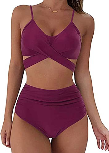 CheChury Femme Maillot de Bain 2 Pieces Bikini Taille Haute Maillots de Bain Sexy Bikini Push Up Vintage Bikini Ensemble Maillots de Bain Brésilien Bikini,Rose,L