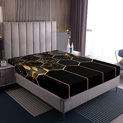 Marmor-Bettlaken, Schwarz-Grau Geometrisch Gold Karierte Bettwäsche-Sets, Moderne Luxus-Diamant-Bettlaken Mit Metallic-Streifen Bedruckt Bienenstock Hexagon Grid Bettwäsche Dekor Set, 140x200