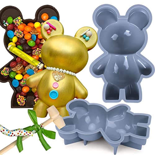 2Pcs 3D Bear Chocolate Silicone Molds With Hammer for Smash Bears, Candy, Mousse Cake, Dessert Baking, Jello, Big Gummy, Birthday Valentines Day