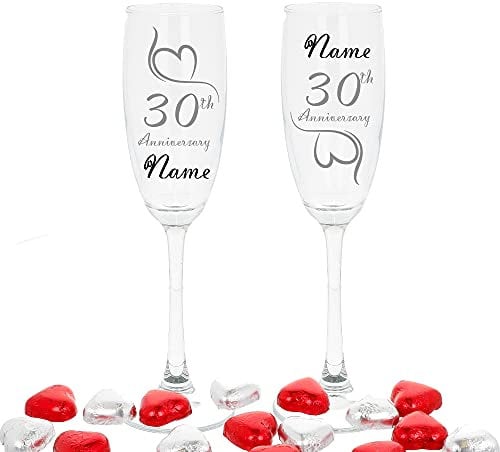 Personalised Engraved Pearl Wedding Anniversary Set of 2 Champagne Flute Glasses 30th Wedding Engraved Glasses Chocolate Hearts Engraved Champagne Flute (Filled with Chocolate Hearts)