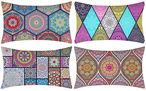 4er Set Kissenbezüge 30x50cm Mandala Blumenmotiv Kissenhülle Bohemian Dekorativ Kissenbezug Baumwolle Leinen Rechteckige Kissenhülle für Auto Büro Buchladen Schlafzimmer Patio Bauernhaus Garten
