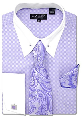 Men's Checkerd Pattern Regular Fit French Cuffs Long Sleeve Dress Shirts with Tie Hanky Cufflinks Collar Bar Combo, Lilac, 15.5 Neck 34-35 Sleeve