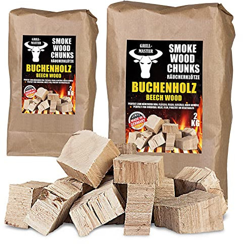 Räucherklötze Smoker Grill Chunks für BBQ Buche Räuchern 2-4 kg XXXL Räucherofen Wood Grillen Smoken Zubehör Smoke Raeuchern Feuerschale Chips Grillmaster, Menge:4 kg