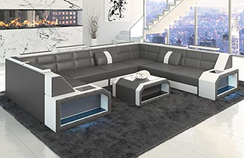 Sofa Wohnlandschaft Pesaro Leder - mit LED Beleuchtung, verstellbare Kopfstützen/Lederfarben wählbar/Ausrichtung Schenkel wählbar (Langer Schenkel rechts, Grau-Weiß)