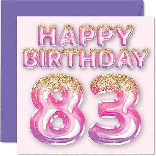 83rd Birthday Card for Women, Pink & Purple Glitter Balloons | Happy Birthday Cards for 83 Year Old Woman Mum Great Nanny Grandma Gran, 145mm Greeting Cards Gift