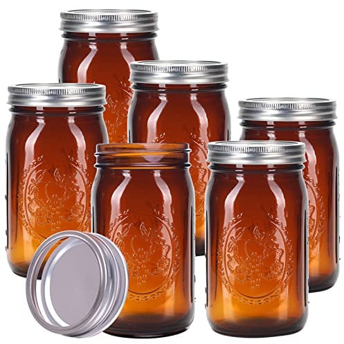 Eleganttime Amber Glass Mason Jars 32 oz Wide Mouth with Airtight Lids and Bands 6 Pack Large Glass Canning Mason Jars with Lids Quart Wide Mason Jars,Great for Canning Jar Pickle Fermenting Jam Jar