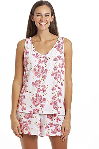 Camille Womens Stunning Floral Print Sleeveless Pyjama Set - Ladies Lightweight Short Pyjama - Comfortable & Breathable Summer Nightwear Pink 14-16