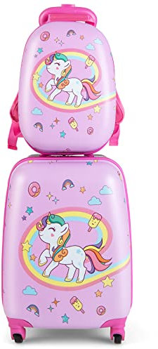 COSTWAY Maleta Infantil Niños, Equipaje de Viaje con Mochila, Equipaje Infantil con Ruedas Universales y Mango Ajustable, Juego de Mochila y Maleta Cabina Trolley (Unicornio)