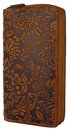 Hill Burry Geldbörse für Damen | XXL Groß Leder Geldbeutel Doppelter Reißverschluss RFID Schutz | Portemonnaie langes Portmonee | 27 Kartenfächer | 20x11x3,5cm (B x H x T) (Braun)