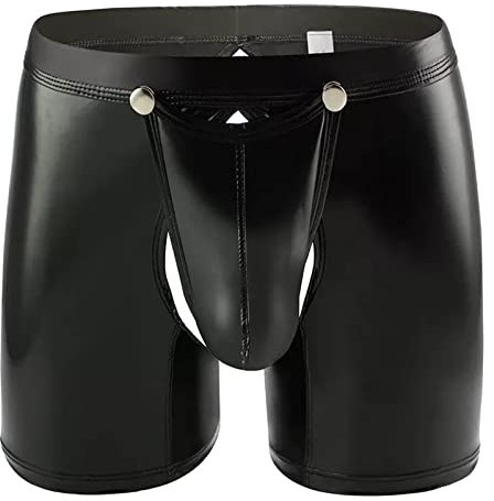 Caxndycing Herren Leder Boxershorts Lack glänzend Optik, Wetlook sexy Unterwäsche, Reizwäsche für Männer, Clubwear Jockstraps Slips Tanga mit offenem Schritt Ouvert Shorts Long Pants