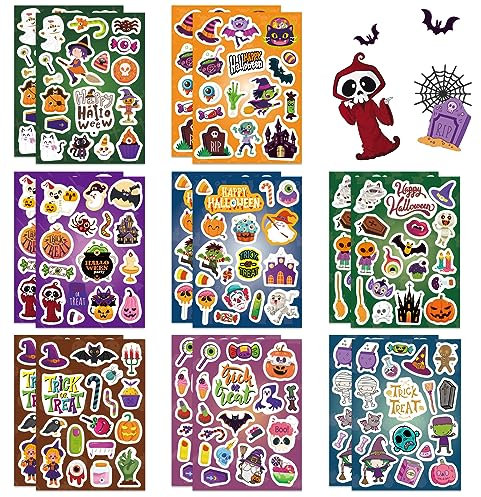 Halloween Aufkleber, 264pcs Happy Halloween Sticker für Kinder Party Tasche Füller, Kinder selbstklebende Aufkleber, Geist Kürbis Dämon Zauberer Vampir für Halloween Dekoration Party Favors-16Sheets