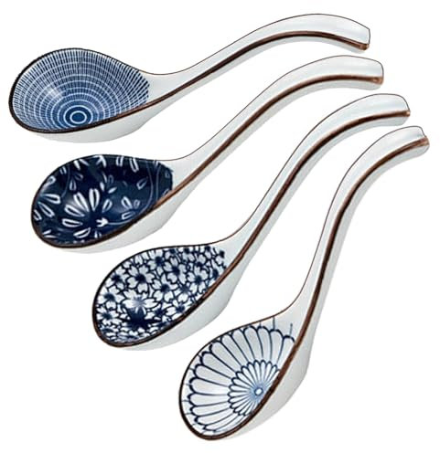 Lot de 4 cuillères à soupe asiatiques en céramique chinoise à long manche en porcelaine japonaise pour ramen Pho Miso Wonton nouilles riz