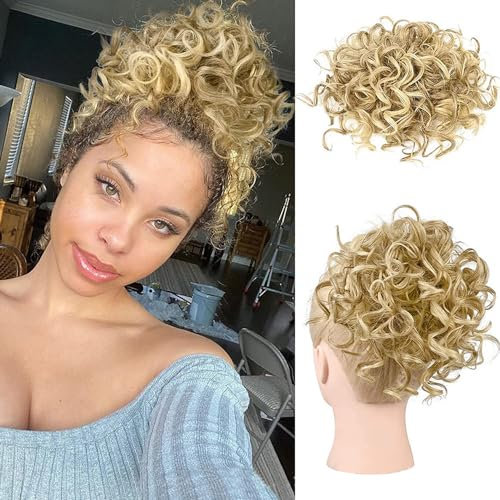 FDEETY Messy Bun Kurze lockige Pferdeschwanzverlängerung Synthetik Haar Scrunchies Groß Dutt Haarteil mit Haaren Klammer Clip Kordelzug Lose Haare Bun Haarverlängerung(Gold)