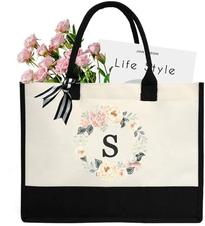 A-Z Canvas-Tragetasche mit 26 Buchstaben, personalisierte Geschenktasche, geeignet für Hochzeit, Geburtstag, Strand, Urlaub, ist ein tolles Geschenk für Frauen, Mütter, Lehrer, Freunde, Brautjungfern
