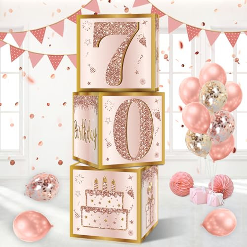 Guiruiy 3Pcs 70th Birthday Decorations Boxes for Women, Pink Rose Gold 70th Birthday Balloons Boxes Party Supplies, Pink Seventy Year Old Birthday Theme Cardboard Box Decor