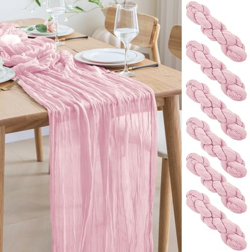 Asee'm 6PCS Tischläufer Käsetuch 300 x 90cm Hell Rosa Boho Transparente Läufer Tisch Hochzeit Gaze Stoff Rustikale Käse Tuch für Braut Dusche Party