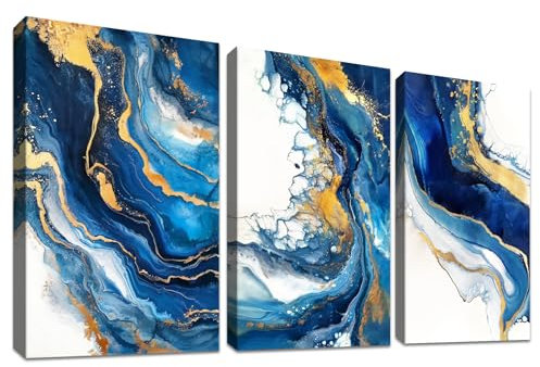 3Pcs Gold Marineblau Mit Rahmen Leinwand Bilder Abstrakte Nordischer Marmor Bild auf Leinwand Malerei Poster Wandbilder Wanddeko Wohnzimmer Schlafzimmer Dekorationen 150x70cm (20x28x3pcs)