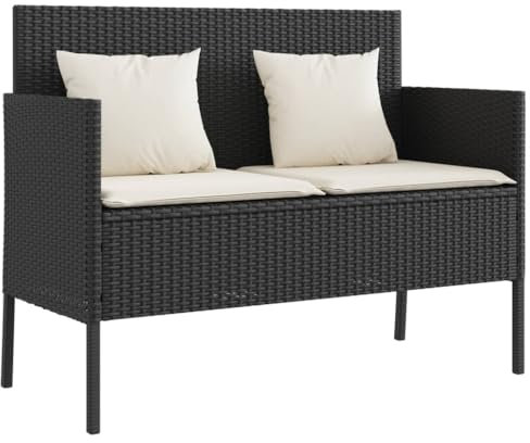 vidaXL Gartenbank mit Kissen, Sitzbank mit Staufach unter Sitzfläche, Parkbank mit abnehmbaren Bezügen, Außenbank Outdoor Bank, Schwarz Poly Rattan