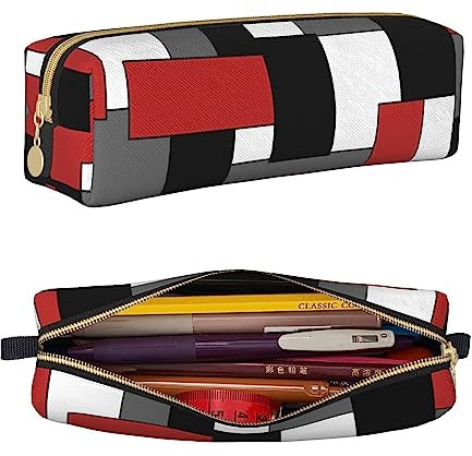 PAQGSREM Kleines Federmäppchen, Federmäppchen, Schlüsseltasche, brauner Leopardenmuster, Schreibwaren-Aufbewahrung, Federmäppchen für Schule, Büro, Reisen, Rot, Schwarz und Grau kariert,