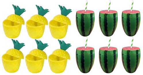 Quickdraw 12 x Hawaiian Party Cups Pineapple & Watermelon Drinking Cup with Paper Straws Tropical Beach Hula Tiki Cocktail Glasses Summer Parties Tableware