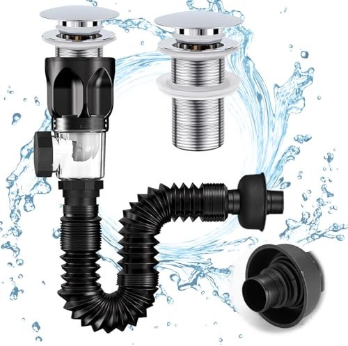 Bonde de Lavabo, Bonde Lavabo Salle de Bain Aux Odeurs Et Aux Insectes, Rétractable300-1000mm Siphon Lavabo avec Pop-Up Bouchon de Vidange de Filtre et Tuyau de Vidange Flexible